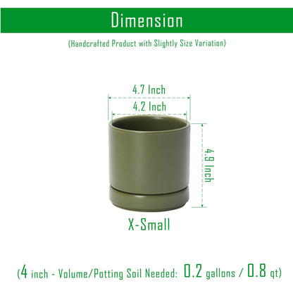 D'vine Dev 4.7 Inch Ceramic Planter Pot with Drainage Hole and Saucer, Indoor Cylinder Round Planter Pot, Olive, 94-O-B-J