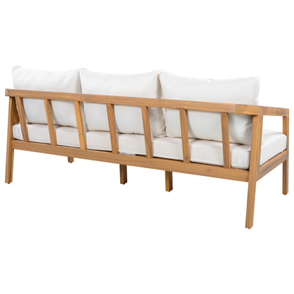 Christopher Knight Home Sures 5-Seater Patio Furniture Set with Removable Cushion, 4 Piece Outdoor Acacia Wood Conversation Set, Sold Wood Outdoor Sectional Sofa Set with Coffee Table, Natural+Beige