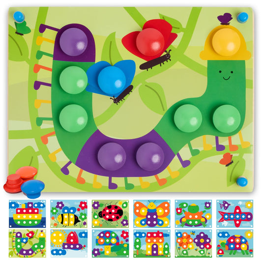 Nene Toys Wooden Color Matching Puzzle for Toddlers 2+ Years – Montessori Pegboard Button Game with Wooden Nails & Cards – Educational Toy for 2 3 Year Old Boys Girls – Fine Motor Skill Learning