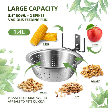 TKMSV 2 Pack Squirrel Feeders Tree/Fence Mounted, 8.5" Removable Colander Bowls (1.4L Each), 2 Corn Cob Spikes for Various Food, Perfect Metal Squirrel Feeders for Outside, Easy to Clean/Refill