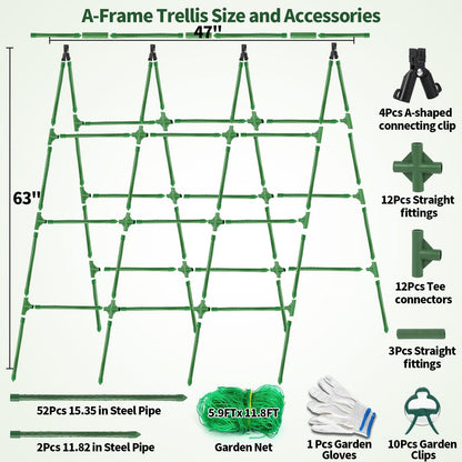 A-Frame Cucumber Trellis for Raised Bed - 63”H x 47”W, Heavy-Duty Detachable Garden Trellis with Netting & Clips, Support for Climbing Outdoor Cucumber, Tomatoes, Luffa, Bitter Melon, Vining Flowers