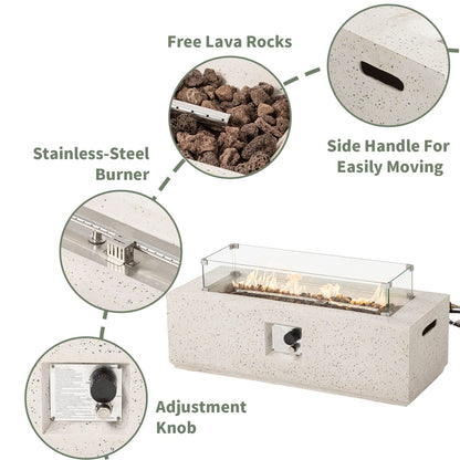 COSIEST 2-Piece Outdoor Propane Fire Pit Table Set w Tank Table, 42" Terrazzo Rectangle Fire Table (Certified, 50,000 BTU) w 16" Tank Cover Side Table, Wind Guard, Rain Cover for Garden, Pool