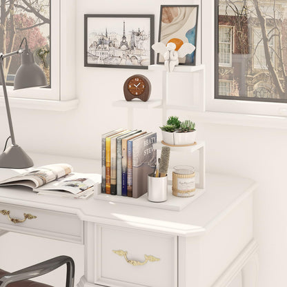 YMYNY Desktop Shelf Organizer, 4 Tier Storage Display Rack, Desk Shelf Organizer Small Bookshelf with Metal Frame for Office, Books, Plants, 12.2" x 9.45" x 17.52", White UHSR007W