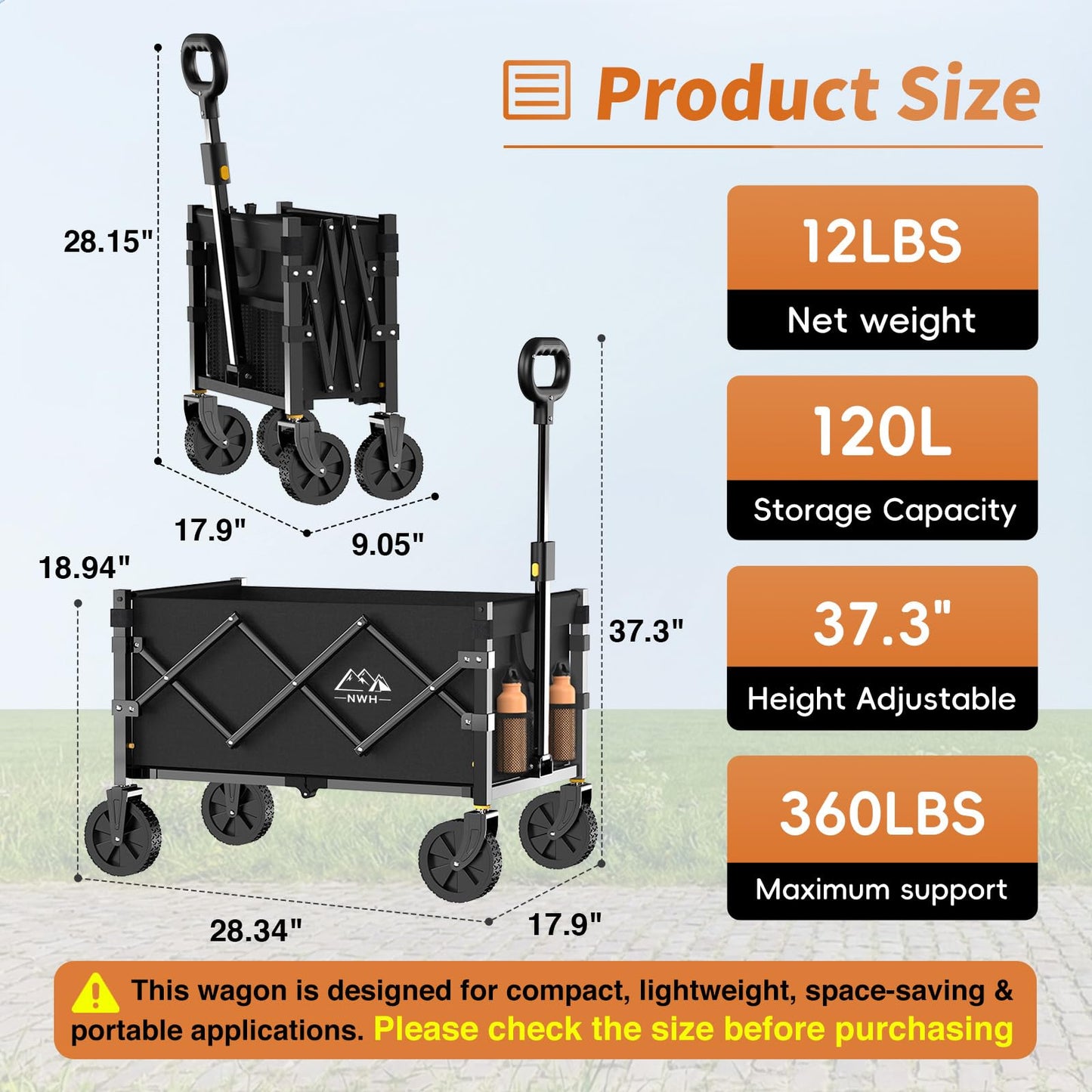 NWH Collapsible Wagon Cart with Wheels Foldable, 360LBS Large Capacity Portable Folding Utility Heavy Duty Beach Wagons Cart with All-Terrain Wheels for Groceries Shopping, Camping, Sports, Garden