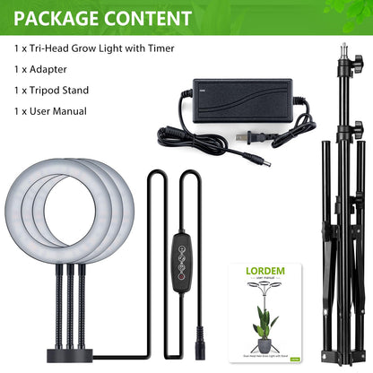 LORDEM Grow Light for Indoor Plants, 7.9" Diameter Tri-Head Plant Light for Plants Growing, Full Spectrum Growth Lamp with Auto Timer 3/6/12H, 4 Dimmable Levels, 3 Lighting Modes, Adjustable Stand