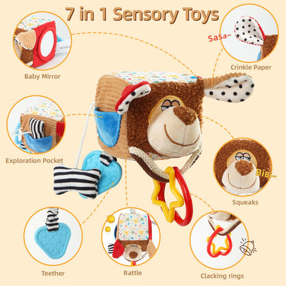 littlove Hanging Baby Toy Cube for Car Seat, Infant Sensory Toys 0-6-12 Month, Montessori Plush Toys for Plane Travel Game Activity with Crinkle, Squeaky, Textures, Mirror Nowborn Baby Boy Girl Gifts