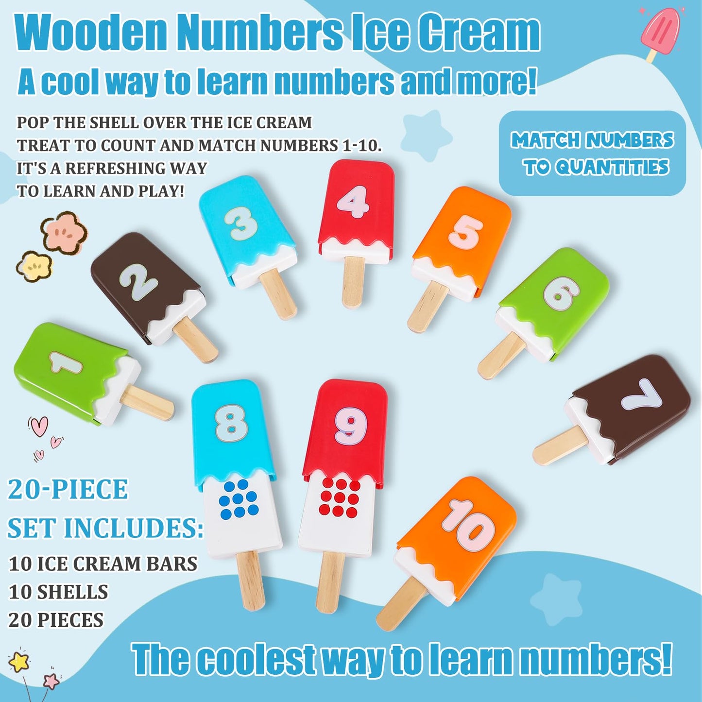 Lasoba 1-10 Number Matching Ice Cream Toy - 20 Pcs, Fun Number Toys for Kids, Toddler Number Learning Toys, Preschool Learning Activities, Montessori Toys Gift for 3+ Year Old Kids