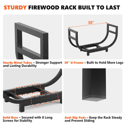 HXJLJY 30-inch Firewood Rack Outdoor Indoor with Log Carrier Bag, Stable Log Holder Rustproof Metal Wood Rack for Fireplace Patio Deck Firepit, Heavy Duty Firewood Storage Organizer Tool, Black