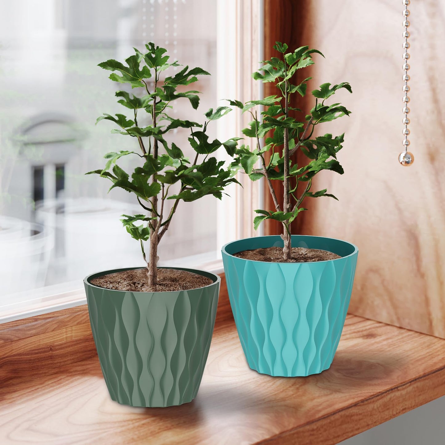 GDJUQZ 6 Pack 7 Inch Indoor Plant Pots with Drainage Holes, Outdoor Plastic Decorative Flower Pots, Garden Planters with Tray Saucers for Orchids, Violets, Succulents, Herbs, and Other Plants