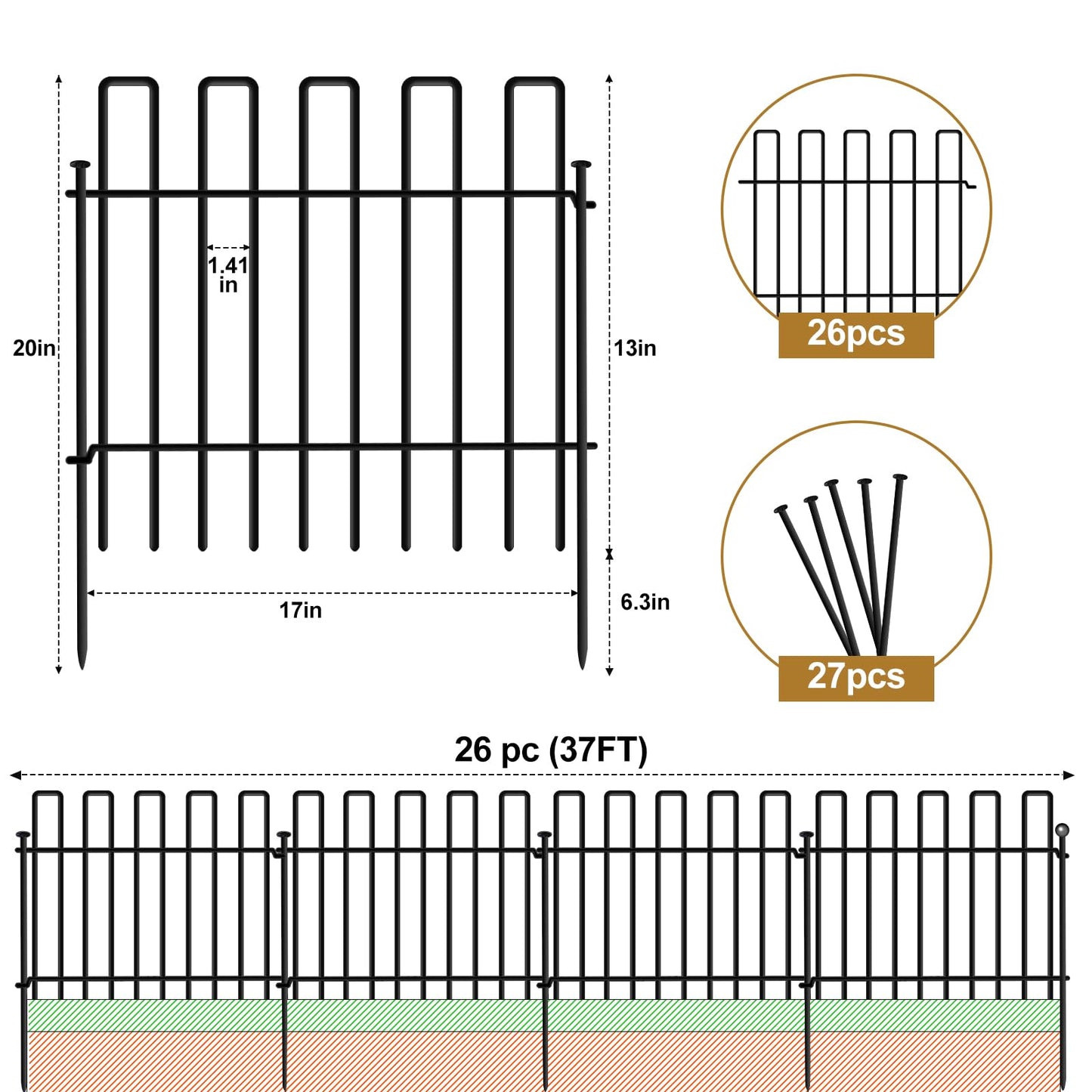 26 Panels No Dig Animal Barrier Fence, 13in(H) x 37ft(L) Garden Edging Border Fencing, Rustproof Metal Stakes Decorative Garden Fence, Dog Digging Defense Fencing Barrier for Outdoor, Yard, Patio