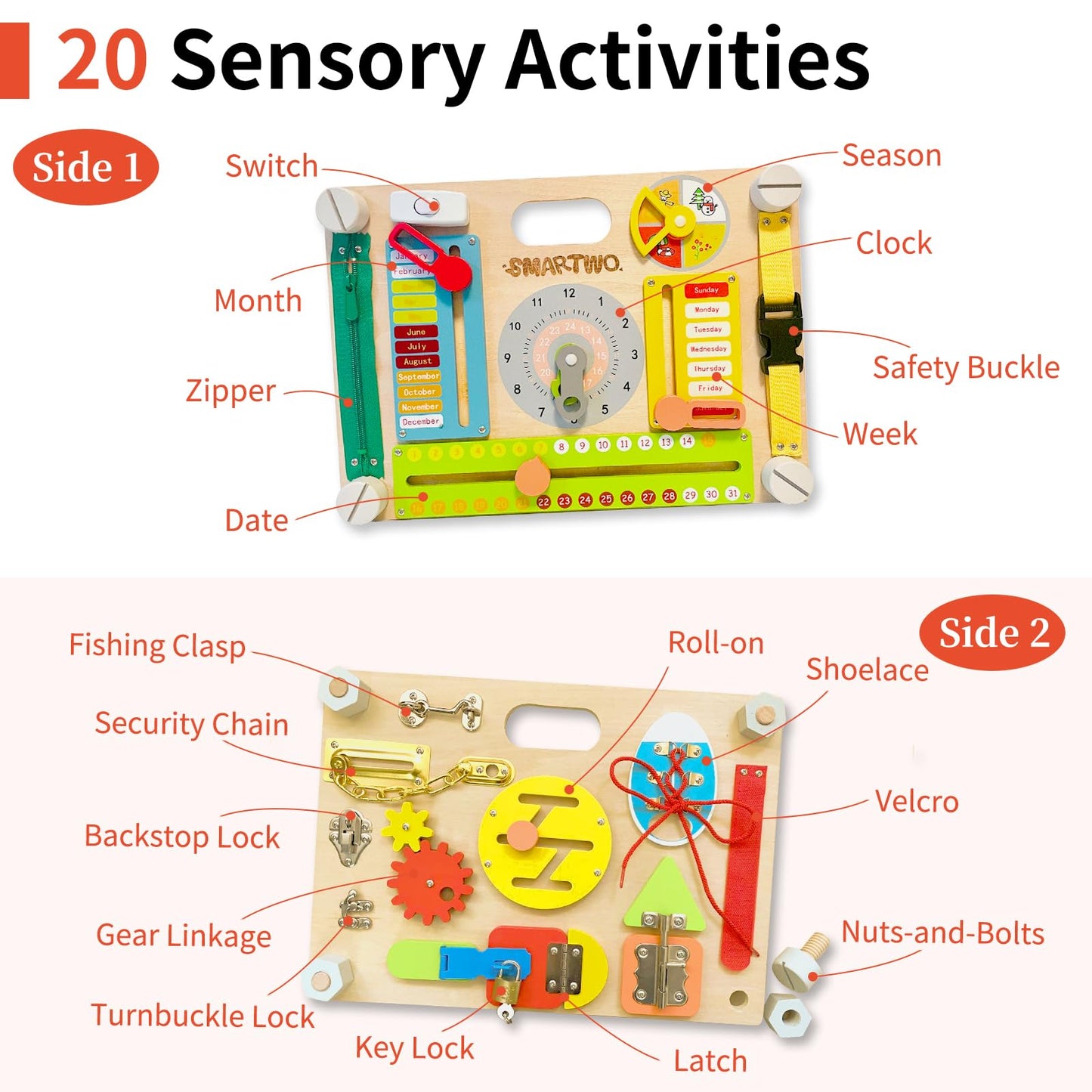 Smartwo Montessori Large Double-Sided Busy Board for 1 2 3 4 Year Old- Wooden Sensory Toys -Fidget Activity Board for Toddlers Boys and Girls- Motor Skills Gifts for ADHD & Autistic Children Kids
