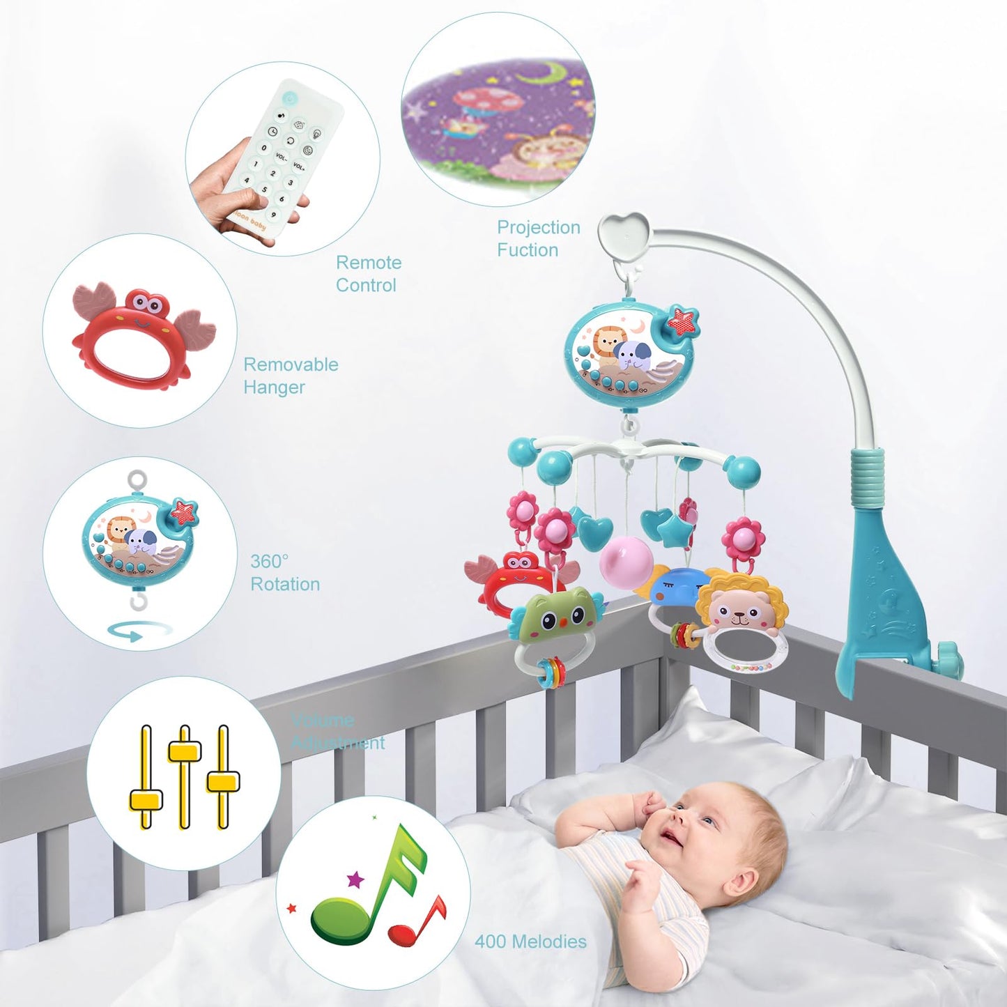 YUNGCHI Baby Mobile for Crib with Crib Toys Music and Lights for Pack and Paly Crib Musical Carousel Mobile Baby Mobile for Girls and Boys Portable Mobile for Baby Bassinet Toys Hanging - Blue