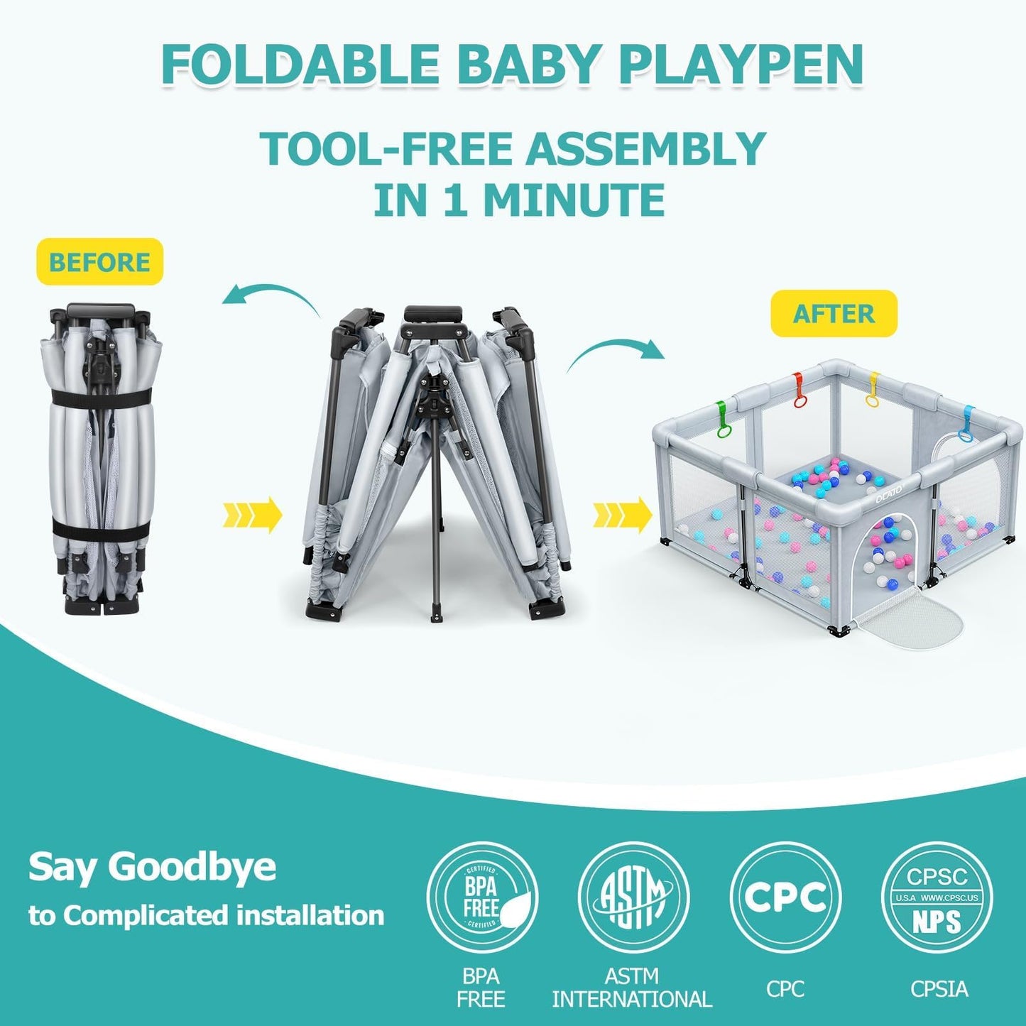 OCATO Baby Playpen: Foldable Playpen for Babies and Toddlers Large Play Pen Portable Playpen Fence Indoor Outdoor Kids Safety Area Travel Play Yard with 1 Storage Bag 4 Handlers 50 Balls (50" × 50")