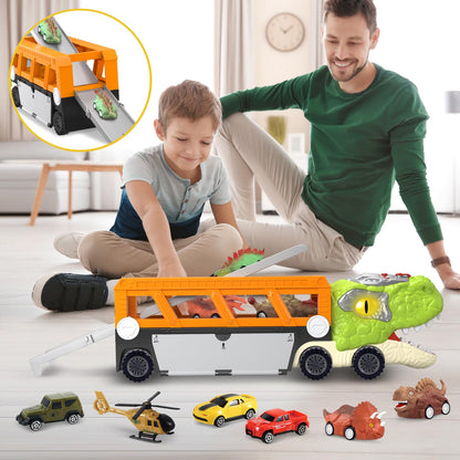 SpringFlower 11 in 1 Dinosaur Toys, Dinosaur Toys for Kids 3-5, Dinosaur Truck with 10 Pull Back Cars, Toddler Boy Toys Age 3 4 5, Boy Birthday Gifts with Sounds & Lights & Spray