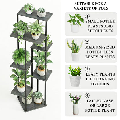 JEPRECO Tall Plant Stand Indoor 7-Tier Metal Wood Plant Shelf for Multiple Flower Pots Corner Flower Holders for Living Room Balcony Bedroom, Oak Grey