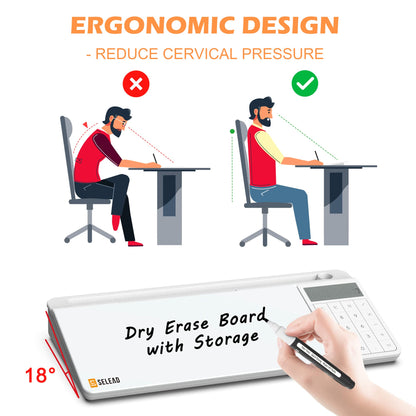 SELEAD Desktop Glass Whiteboard with Calculator & Built-in Mirror, Dry Erase White Board Computer Pad Keyboard Stand with Organizer Drawer, Desk Accessories for Home, School, Office