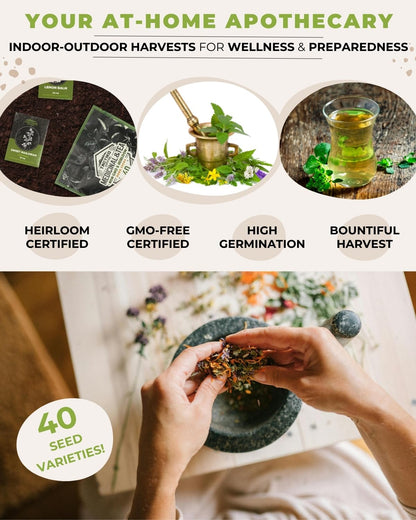 Tactiko Survival 40 Medicinal & Tea Herb Seeds Variety Pack, Indoor & Outdoor Herbal Garden Kit, USA Grown Heirloom Non-GMO, Herbal Seeds for Teas, Resealable Mylar Bag for Long-Term Storage