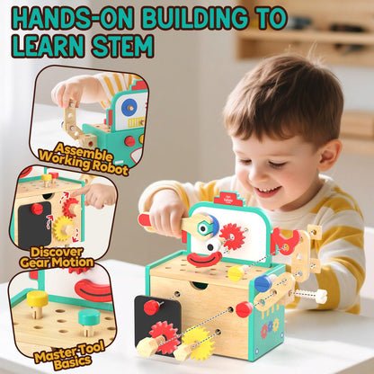 Lehoo Castle Kids Tool Set, Wooden Mini Toddler Tool Bench with Blackboard, Robot Construction Toys with Hammer Wrench Screwdriver, STEM Learning Toys for Age 3-5, Birthday Gift for Boys & Girls