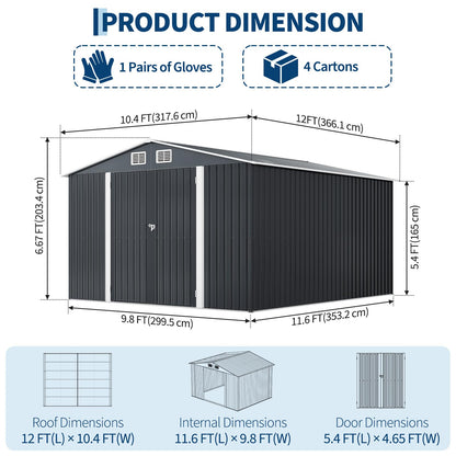 Garvee 10 x 12 ft Outdoor Storage Shed, Heavy-Duty Waterproof Tool Shed Storage with Lockable Door, Vents and Updated Frame Structure, Large Metal Tool Shed for Backyard, Patio Lawn, Grey