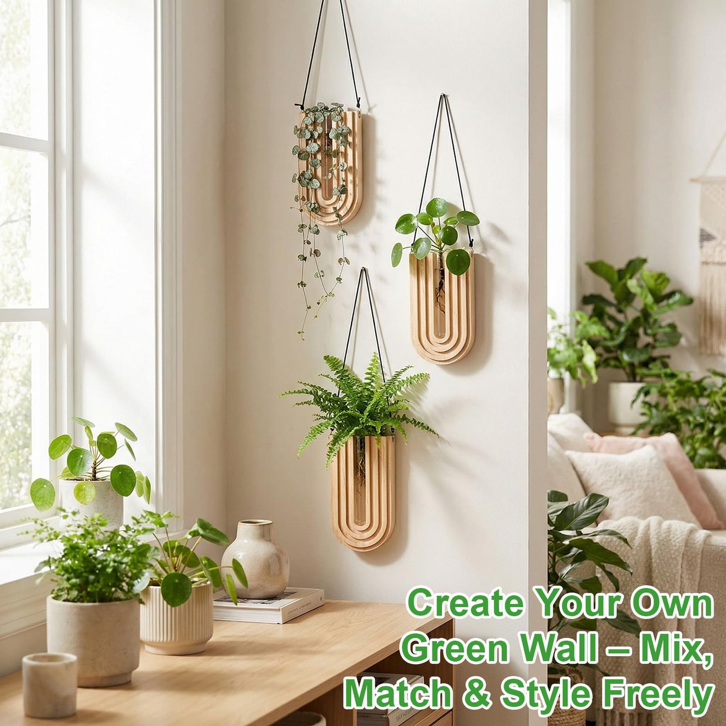 BrightRow Set of 4 Wooden Wall Planter Vase Hanging Propagation Stations Glass Plant and Flower Vases Wall Plant Holder for Indoor Plants Art Boho Home Room Entryway Hallway Decoration