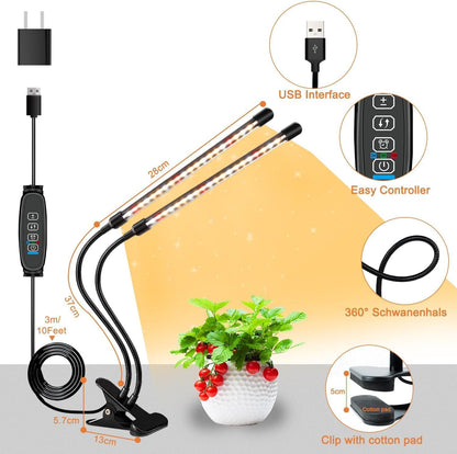 SDOVUERC Full Spectrum Dual Heads Clip Grow Lights for Indoor Plants with 3/9/12H Timer Dimmer and 10 feet Cables for Plant Growing(Adapter Included)