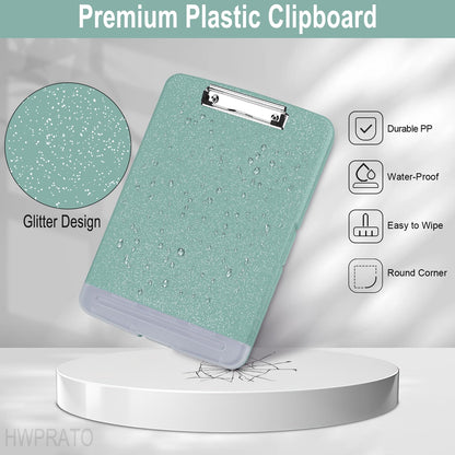 HWPRATO Glitter Clipboard with Storage, Clip Boards 8.5x11 with Pen Holder, Binder Clipboards with Low Profile Clip Heavy Duty Plastic Nursing Clipboard Folder Side Opening (Glitter Grayish Green)