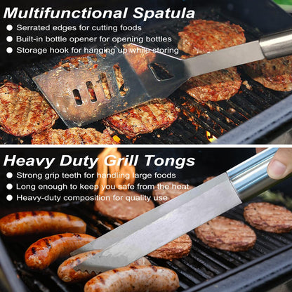 POLIGO 22PCS Heavy Duty BBQ Grill Accessories Set, Non-Slip Grill Tools for Outdoor Grill Set Stainless Steel Grill Utensils Set, Deluxe Grilling Tools Set in Aluminum Case Ideal Gifts for Men Silver
