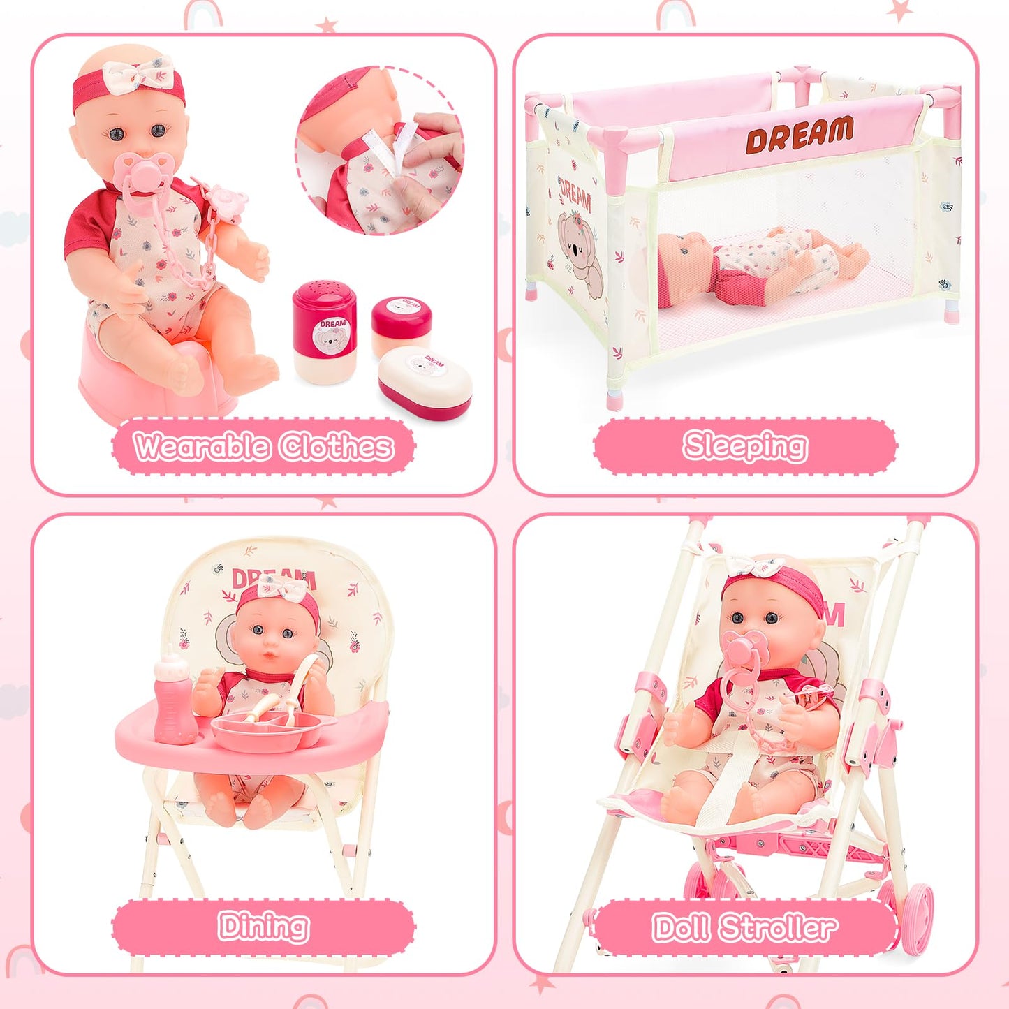 deAO Baby Doll Stroller Toys with 12" Baby Doll Accessories Crib Bed High Chair Nursery Role Play Set Play Mat,Travel Cot,Bouncer,Foldable Stroller,Travel Bag, Birthday Gifts for Toddlers Girls Boys