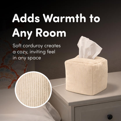 TOGI Corduroy Tissue Box Cover - Soft & Puffy Cube Design Adds a Warm, Cozy Touch - Soft Tissue Box Cover Square Fits Standard Square Boxes from Everyday Brands - Cozy Home & Office Decor (Cream)