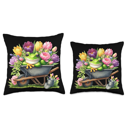 Frog Wheelbarrow Garden Flowers Gardening Frog Aesthetic Throw Pillow