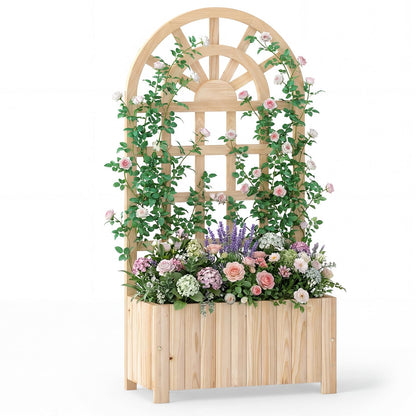 Happygrill Wooden Raised Garden Bed with Trellis, Outdoor Planter Box with Drainage Holes, Privacy Screen, Natural Fir Wood Elevated Garden Bed for Climbing Plants Flowers (1, Natural, 24''x12''x48'')