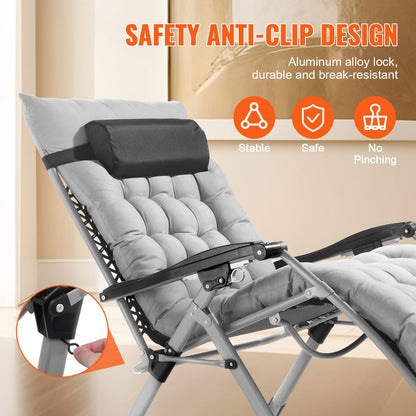 VEVOR Zero Gravity Chair, 33 inch Zero Gravity Recliner Lounge Chair for Indoor and Outdoor, Adjustable Anti Gravity Chair with Cushion, Headrest, Footrest, and Cupholder, 500 lbs, Gray