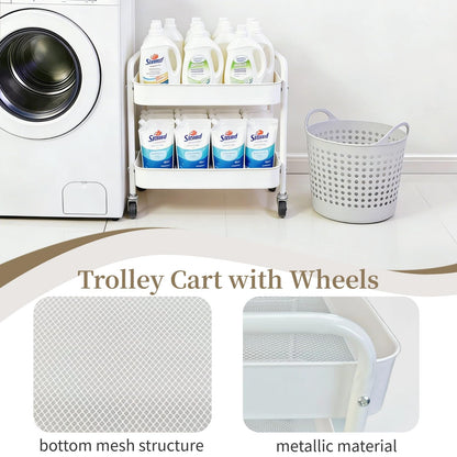 LIWNYRK 2 Tier Metal Rolling Cart with Wheels for Under Desk Storage & Pantry Storage, High Load-Bearing Kitchen Utility Cart for Small Space, Laundry Room Organization Side Table with 4 Hooks, White
