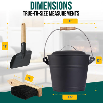Smedley & York Mini Ash Bucket with Lid, Includes Fireplace Tools, Pail, Shovel and Broom, 1.5 Gallon Charcoal Metal Bucket with Lid, Coal Bucket and Ash Can, Galvanized Iron Ash Bucket for Fireplace