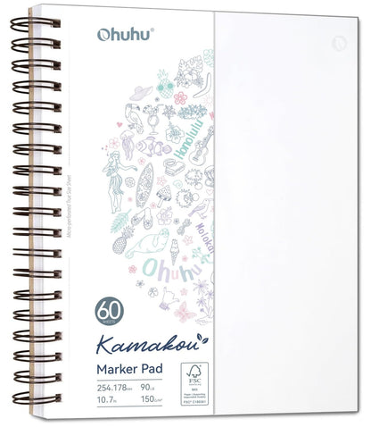 Ohuhu Double-Sided Marker Pad Art Sketchbook Bleedproof - 7"x10" Large Paper Size - 90 lb/150 gsm Smooth Drawing Paper - 60 Sheets/120 Pages - Spiral Bound Sketching Book for Alcohol Markers