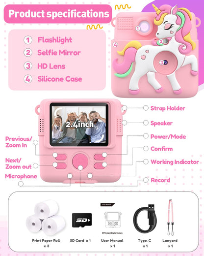 Kids Camera Instant Print with Silicone Cover, Creative Gifts for Girls Age 4-12 Birthday Christmas, 1080P Digital Camera Toy with Memory Card - Pink