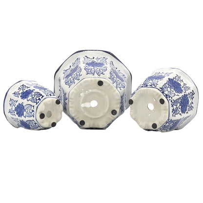Galt International Blue & White Floral Porcelain Ceramic Decorative Flower Pot 8"/6"/4.5" Garden Pots Chinese Asian Design - Set of 3 Round Fluted