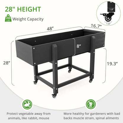 LUE BONA Raised Garden Bed with Wheels, 48 * 16.7 * 28 in, Poly Elevated Outdoor Planter Box with Tools, Weather Resistant, Standing Growing Bed Herb Planter for Vegetable, Flowers, Fruits