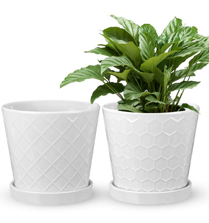 EFISPSS Ceramic Plant Pots, 6 Inch Pots for Indoor Plants, Planters with Drainage Hole and Saucer, Flower Pots Desktop Office Windowsill Decoration Gift Set of 2 - White