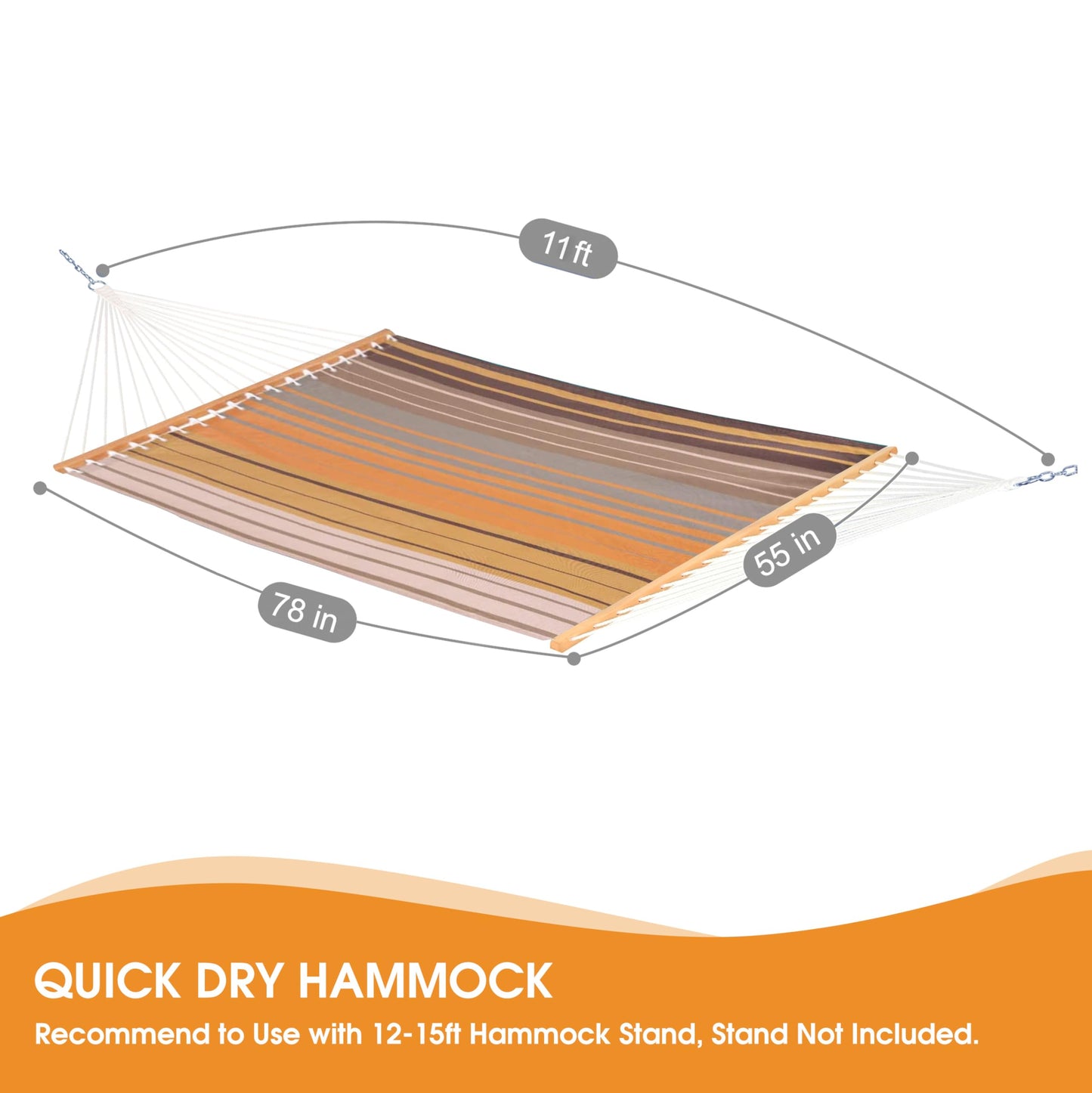 Lazy Daze Hammocks Quick Dry Hammock with Spreader Bar Textliene Fabric Double 2 Person Hammock with Chains Outdoor Patio Poolside Backyard Beach 450 lbs Capacity, Coffee Stripes
