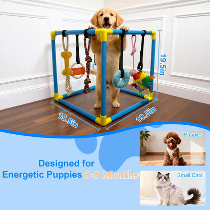 LemSen Puppy Play Gym with 8 Hanging Toys - Indoor Jungle Gym for Small Dogs, Interactive Enrichment Activity Center for Puppies, 19.5" PVC Frame with Teething Squeaky Toys to Keep Them Busy