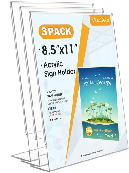 MaxGear Acrylic Sign Holder, Clear Sign Holders Plastic Display Stand 8.5 x 11 Inches Slant Back Countertop Display Picture Frames for Menus, Flyer, Use In Office, Store, 3 Pack