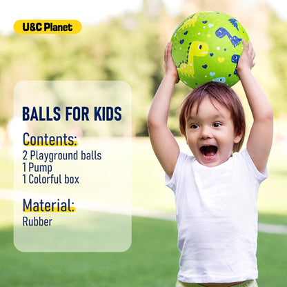 Playground Balls for Toddlers 1-3, 2 Pack 8.5 inch Kickball for Kids Outdoor Indoor, Catoon Dinosaur Planet Rubber Balls with Pump, Child Gift for Boys Girls 1-3 3-5 5-10, Easter Basket Stuffers