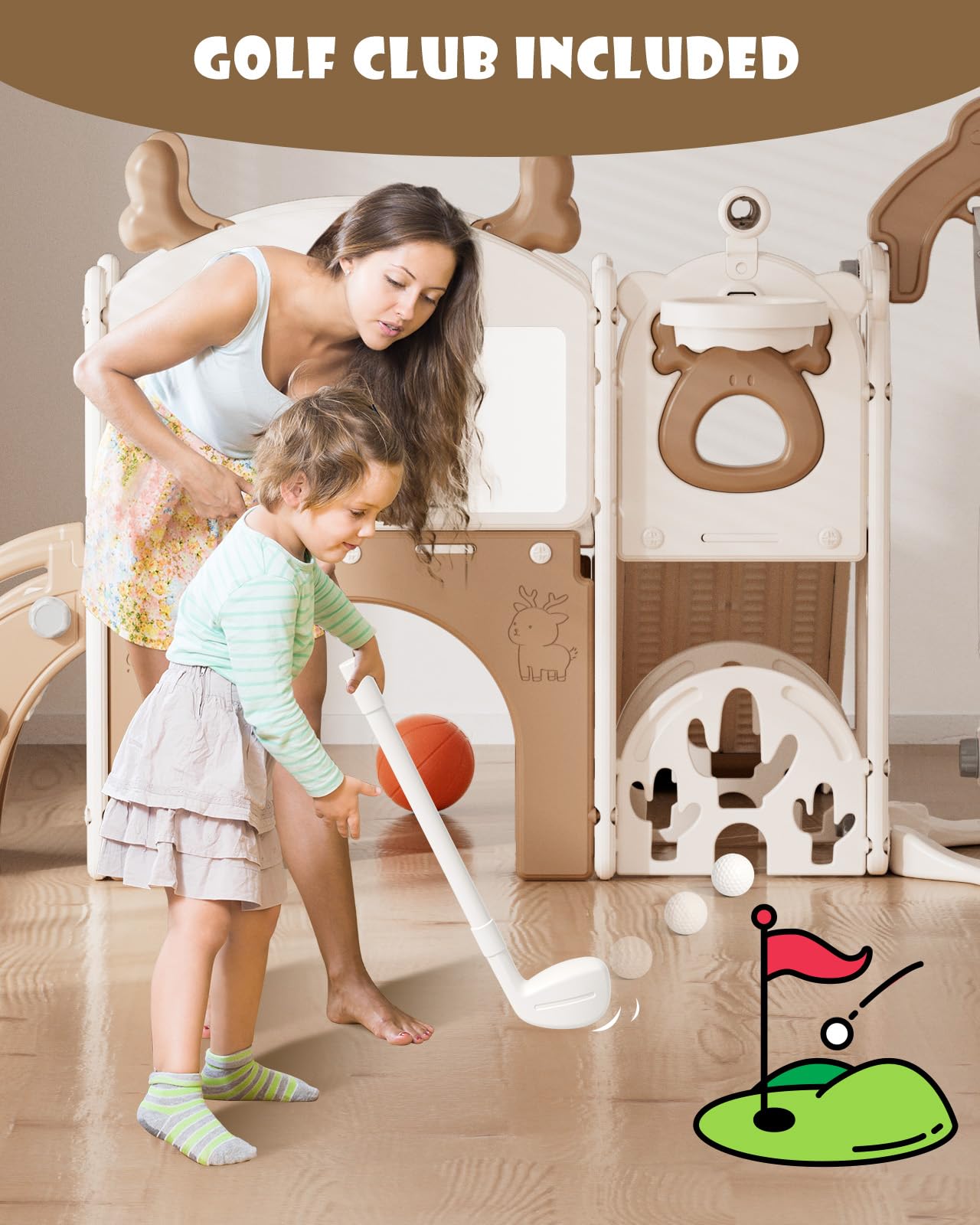 XJD 13-in-1 Toddler Slide and Swing Set, Kids Slide for Toddlers Age 1+, Toddler Outdoor Playset New Upgrade with Golf Set, Basketball Hoop, Drawing Board for Playground (Brown White)