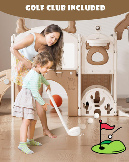 XJD 13-in-1 Toddler Slide and Swing Set, Kids Slide for Toddlers Age 1+, Toddler Outdoor Playset New Upgrade with Golf Set, Basketball Hoop, Drawing Board for Playground (Brown White)
