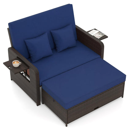 Tangkula Patio Rattan Daybed with 4-Level Adjustable Backrest, Outdoor PE Wicker Loveseat with Storage Ottoman & Folding Side Tray, Double Sunbed Lounger for Balcony, Backyard & Poolside, Navy & Brown