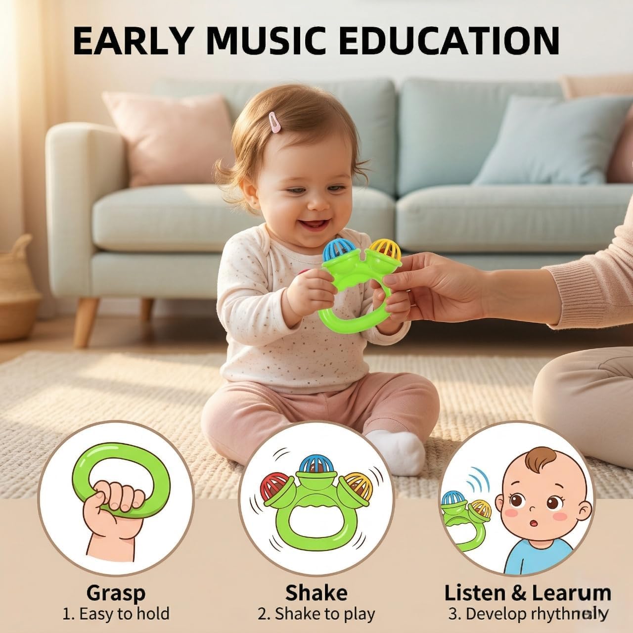 BESTonZON 3Pcs Baby Musical Rattle Toy, Plastic Handheld Jingle Sleigh Bells for Toddlers, Percussion Rhythm Shaker, Soothing Sensory Toys for Kids