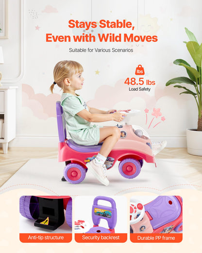 VEVOR Ride On Toddler Push Car, Push Car for Toddler 19 to 36 Months, Kids Ride On Toy with Horn & Music, 48.5 lbs Load Capacity, Under-seat Storage, Foot-to-Floor Walker for Toddlers Boys Girls, Pink