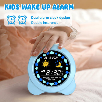 Kids Alarm Clock, Sun & Moon LED Display with Day & Date, Children's Sleep Trainer with Night Light & Sleep Sounds, Cute Wake Up Clock for Kids Bedroom, Easy to Use Birthday Gift for Boy and Girls