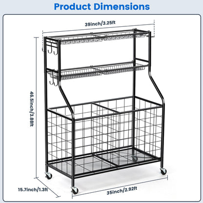 Kinghouse Sport Equipment Organizer for Garage, Steel Basketball Rack with Bat Holder and Hooks, Easy Assembly Storage for Balls, Kids' Toys, Workout Gear, Home Gym, Outdoor